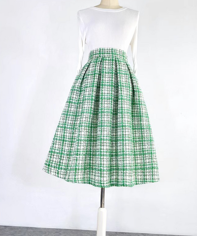 GREEN Houndstooth Skirt Outfit Woolen Party Skirt Houndstooth Pleated Midi Party Skirt Green Midi Wool Party Skirt Custom Plus Size