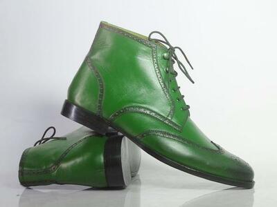 Handmade Men's Ankle High Green Leather Wing Tip Brogue Stylish Lace Up Boots