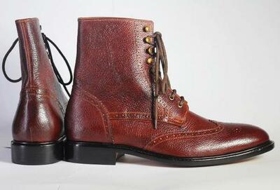 Handmade Men's Brown Colour Pure Calf Leather Wing Tip Brogue Ankle High Dress Lace Up Boots