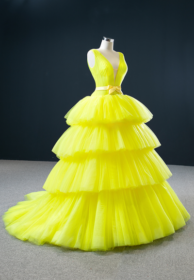 V-neck Sleeveless Yellow Sundress Mesh Long Gowns Evening Stage Dresses