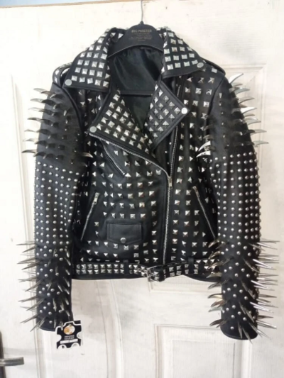 Crafted Leather New Handmade Women's Punk Full Long Spiked Studded Brando Black Adorable Leather Jacket