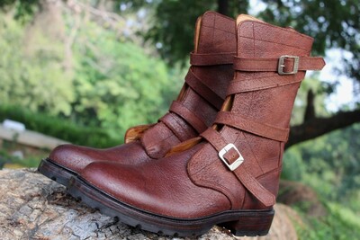 Crafted Leather Handmade Brown Color Buckle Strap Long Military Ankle High Army Boot