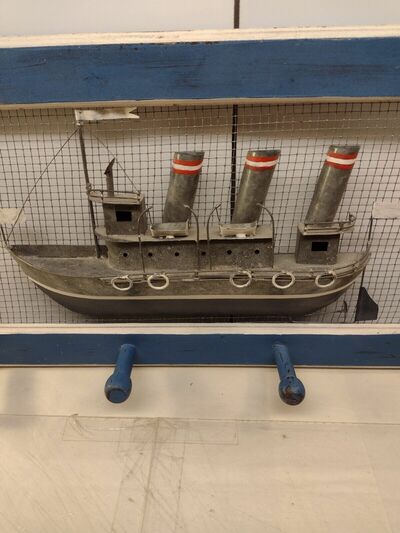 Handmade Wood / Metal Ship w/ Coat Hangers Pegs Boat Picture Plaque