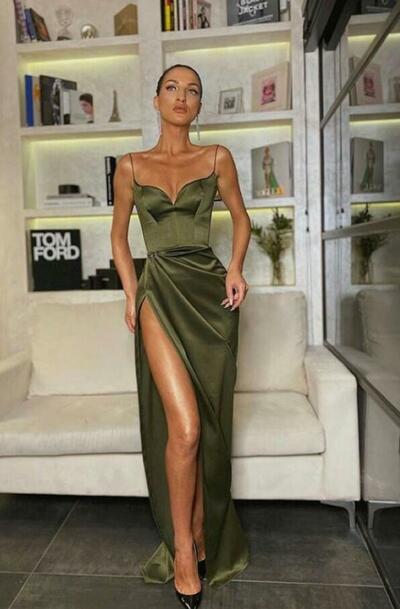 Straps V Neck A Line Green Satin Prom Dresses with Slit