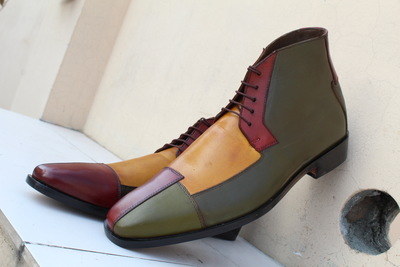 Crafted Leather Handmade Men Italian Calf-Skin Leather Green Tri-Tone Chukka Boots