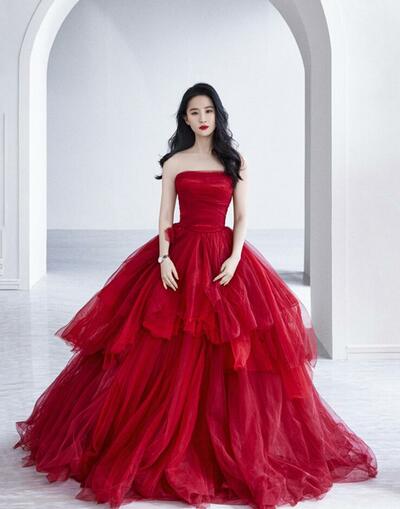 A line red tulle long prom dress evening dress