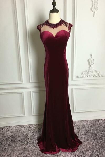 Elegant Mermaid Burgundy Velvet Evening Dresses With Beaded
