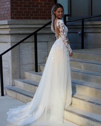 Elegant A Line V Neck Long Sleeves Lace Wedding Dresses,1651