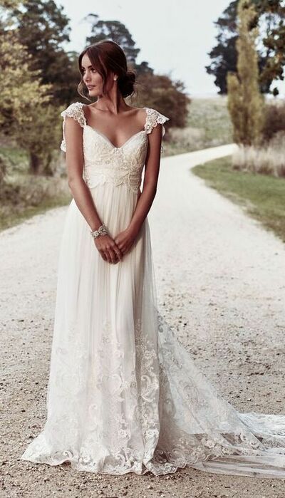 Boho Bohemian A Line Chiffon Wedding Dresses Cap Sleeve Lace Accents Big Bow Bridal Gowns,1653