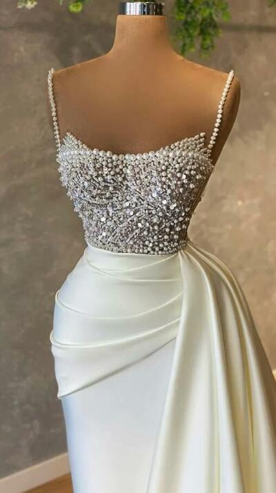 Charming straps Ivory prom dress with pearl