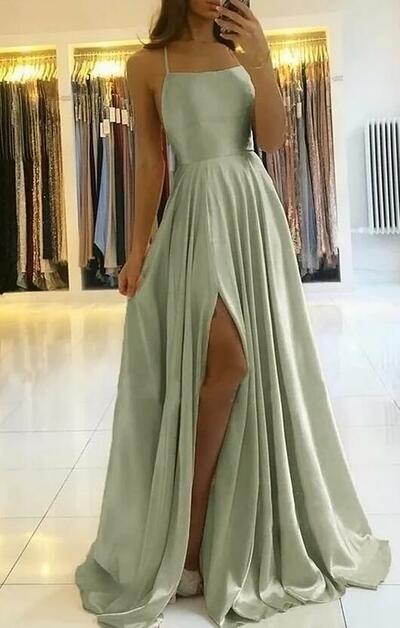 A line sage green long prom dress