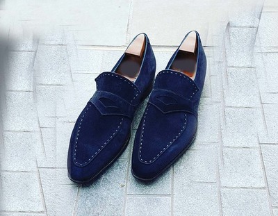 Handmade Blue Color Suede Penny Loafer Slipper Party Dress Men's Fashion Moccasin Shoes