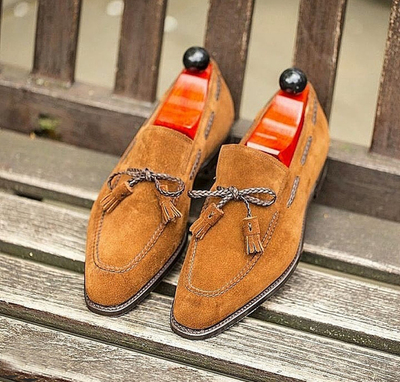 Handmade Men's Tassels Shoes, Men's Tan Brown Color Suede Tassels Casual loafer Shoes
