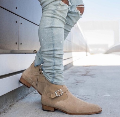 Men's Handmade Beige Ankle High Suede Boot Stylish Side Zipper Jodhpurs Buckle Boot
