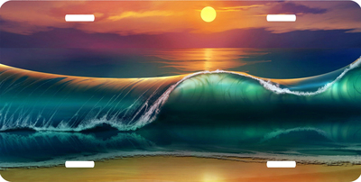 Colorful Waves Crashing on Beach at Sunset Vanity License Plate