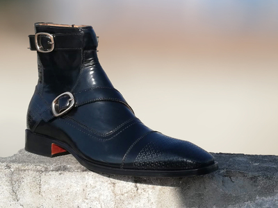 Handmade Men’s Ankle High Leather Boot Men’s Black Cap Toe Double Monk Buckle Boot