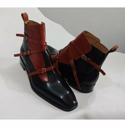 Men Fashion Triple Monk Strap Style Ankle High Boots, Mens Two Tone Boots