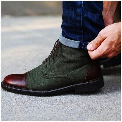 Handmade Wool and leather square toed boots for men, men's ankle high boot