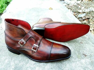 New Handmade Men Double Monk Brown Leather Boots, Dress Formal Boots