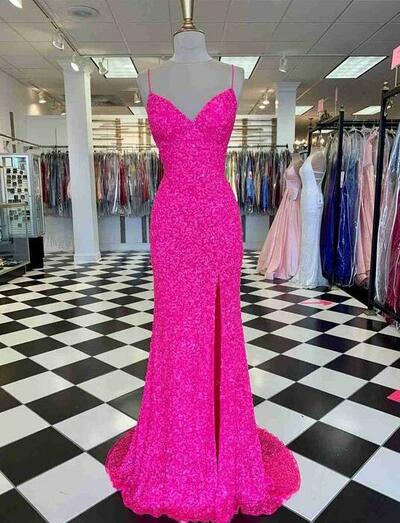 Beautiful Hot Pink Straps Long Prom Dress with Slit