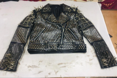 Crafted Leather New Handmade Women's Punk Style Golden Long Spiked Leather Brando Jacket, Adorable Handmade Studded Leather Jacket