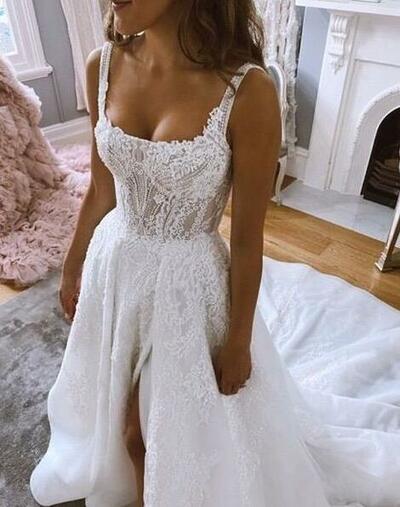 Gorgeous Ball Gown Square Neck Split Wedding Dresses with Lace Appliques