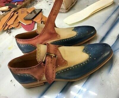 Men Tan Sole Three Tone Blue Beige Brown Single Buckle Strap Monk Leather Shoes