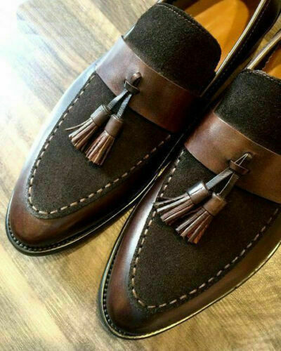 Handmade men brown Suede and leather Tassels shoes, Men leather moccasins loafer