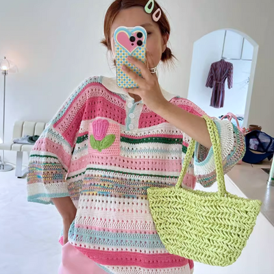 Oversized tulips crochet polo shirt - Thumbnail 1