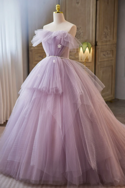 Lilac Strapless Tulle Long Prom Dresses with Pearls Belt, Lilac Off the Shoulder Formal Evening Dresses KPP1617