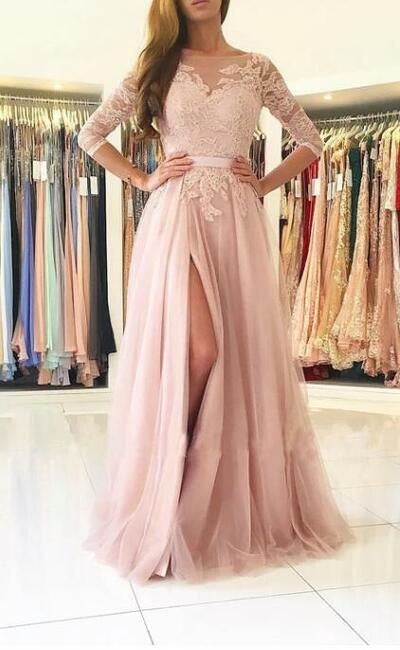 A-Line Lace Tulle Jewel 3 4 Length Sleeve Button Zipper Deep-V Back Dress,1658