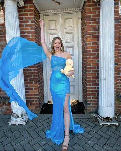 Blue Prom Dresses, Sequined Prom Dress, Appliques Evening Dress