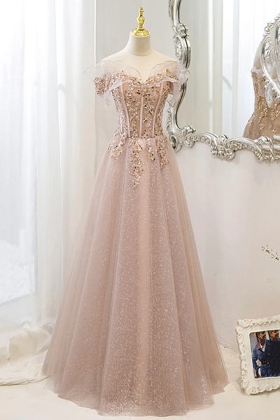 Pink Tulle Sequins Long Prom Dresses, A Line Off the Shoulder Evening Dresses KPP1621
