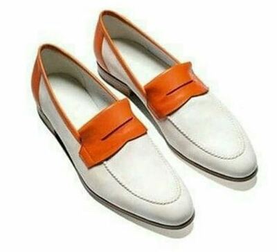 Handmade Moccasin Loafer Slip Ons Two Tone White Orange Party Wear Men Shoes