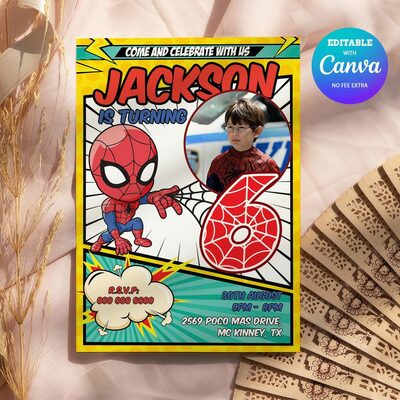 Spider Man Comic 6th Birthday Invitation, Spider Man Six Birthday Invitation Canva Editable Instant Download