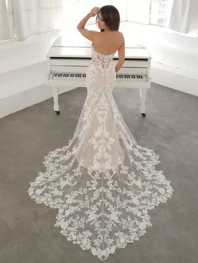 Sexy Mermaid Lace Wedding Dresses Sweetheart Sleeveless Backless Sweep Train Bridal Gowns,962