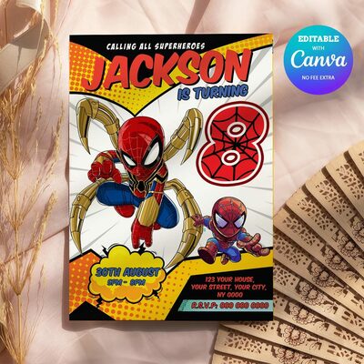 Spider Man Comic 8th Birthday Invitation, Spider Man Eight Birthday Invitation Canva Editable Instant Download