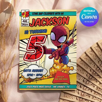 Spider Man Comic 5th Birthday Invitation, Spider Man Five Birthday Invitation Canva Editable Instant Download