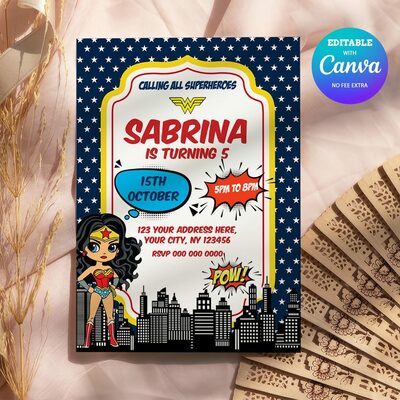 Wonder Woman Birthday Invitation Canva Editable Instant Download
