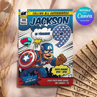 Captain America Comic 9th Birthday Invitation Comic Style Canva Editable Instant Download