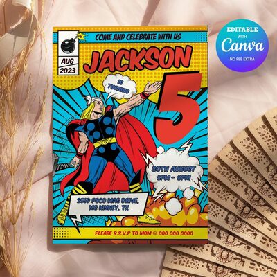 Thor ANY AGE Birthday Invitation Comic Style Canva Editable Instant Download