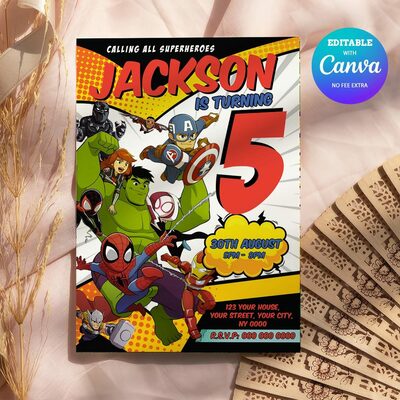 Superheroes ANY AGE Birthday Invitation Comic Style Canva Editable Instant Download
