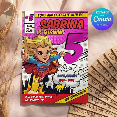 Super Girl ANY AGE Birthday Invitation Comic Style Canva Editable Instant Download