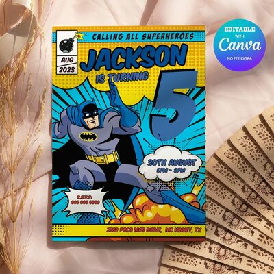 Batman ANY AGE Birthday Invitation Comic Style Canva Editable Instant Download