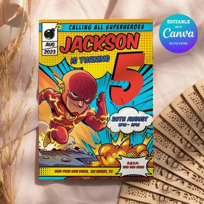 Flash ANY AGE Birthday Invitation Comic Style Canva Editable Instant Download