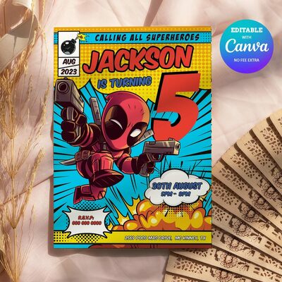Deadpool ANY AGE Birthday Invitation Comic Style Canva Editable Instant Download