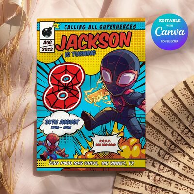 Miles Morales 8th Birthday Invitation Comic Style Canva Editable Instant Download
