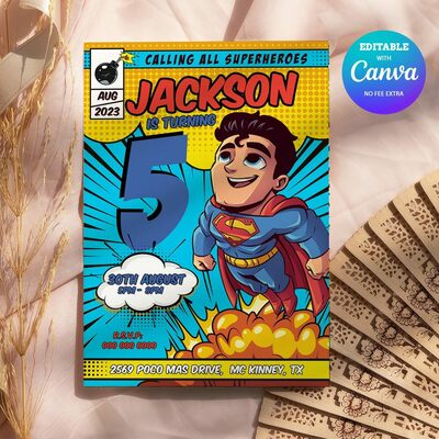 Superhero ANY AGE Birthday Invitation Comic Style Canva Editable Instant Download