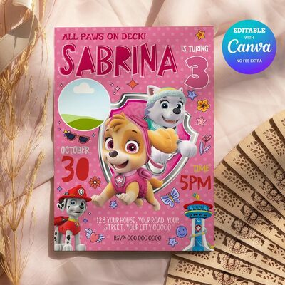 Skye Paw Patrol ANY AGE Birthday Girl Invitation Comic Style Canva Editable Instant Download