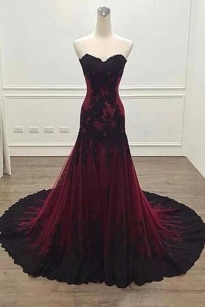 Mermaid Sweetheart Black and Burgundy Lace Evening Dresses